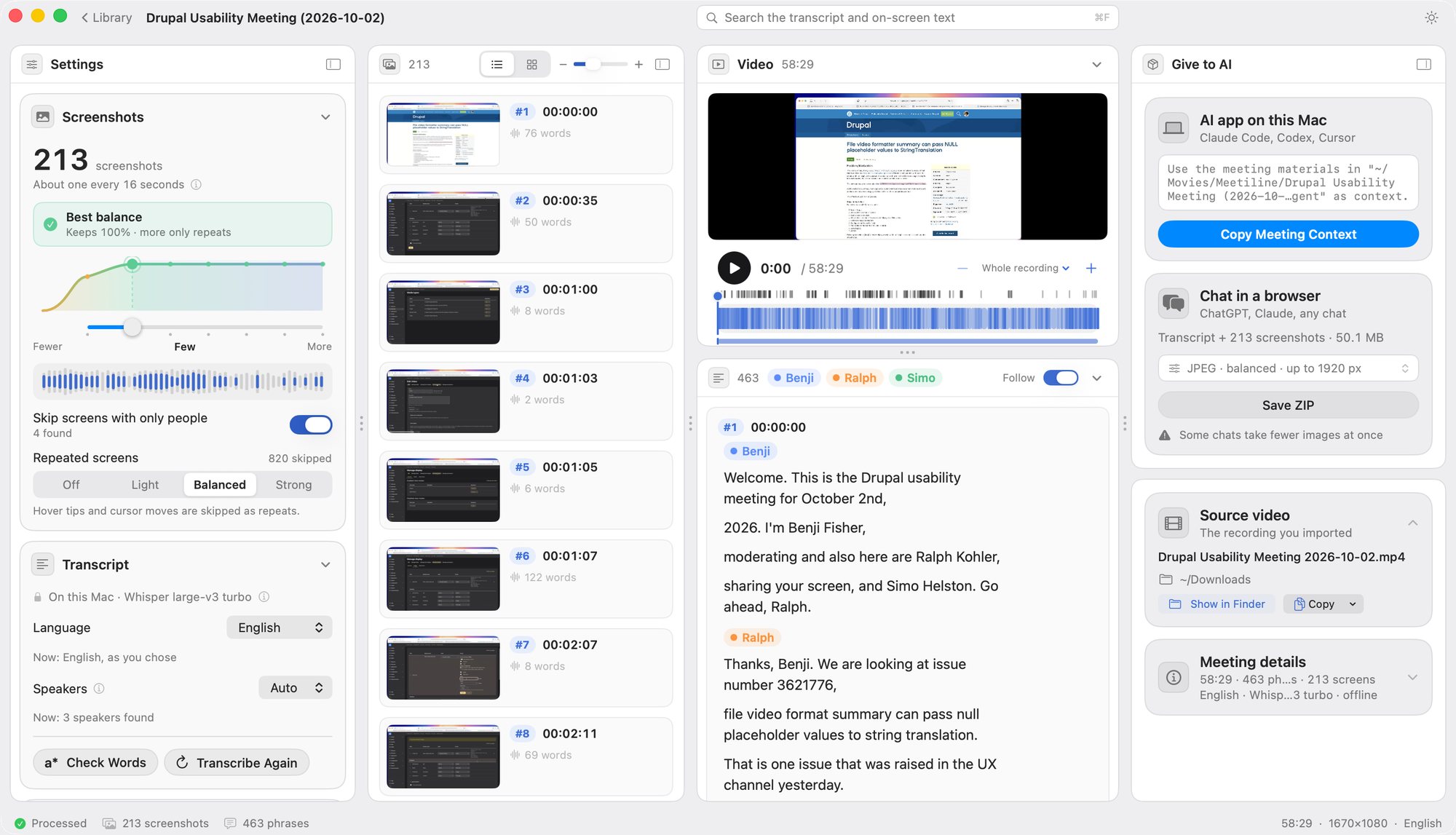 Screenshots of a recorded usability meeting, the video and the transcript under each screenshot, and the Give to AI panel