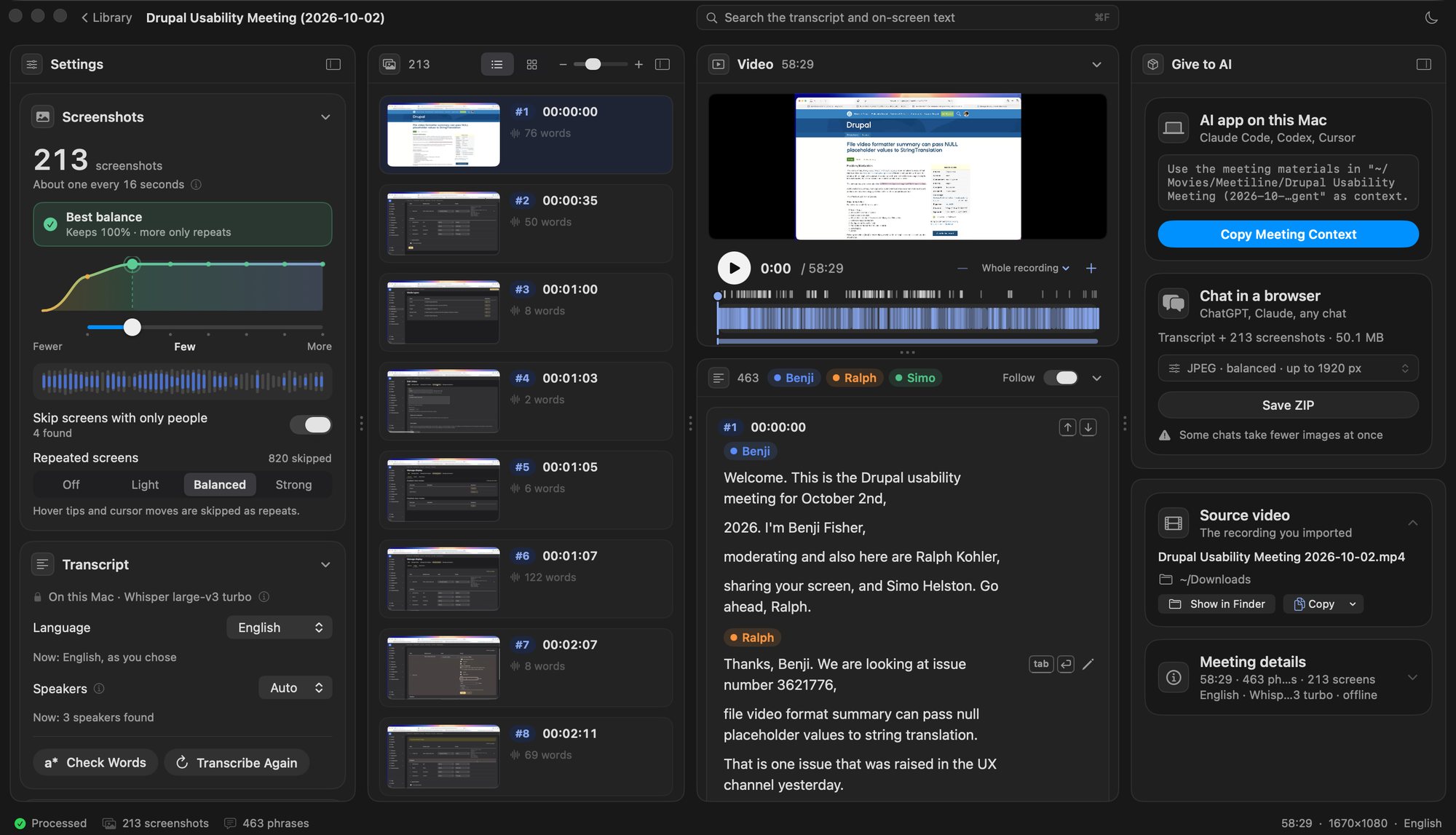 Screenshots of a recorded usability meeting, the video and the transcript under each screenshot, and the Give to AI panel