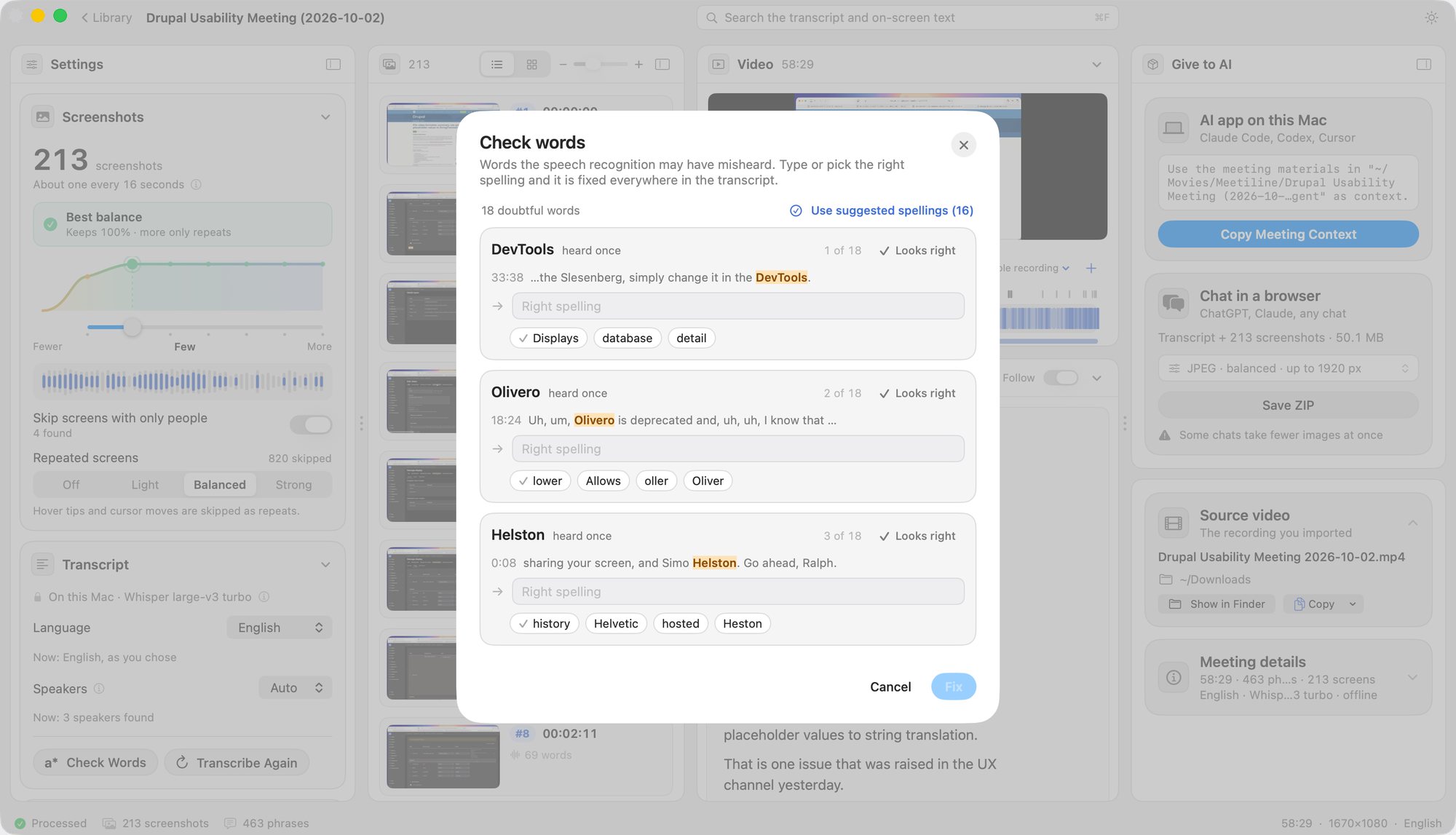 The Check Words window listing doubtful words with suggestions