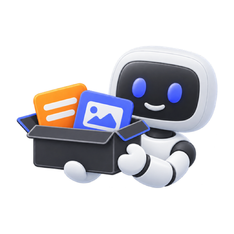A friendly robot picking up a box of screenshots and a transcript